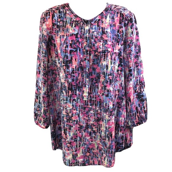 NYDJ Womens Top Button Front Pink Periwinkle Blue Abstract 3/4 Sleeve Sz M - Picture 1 of 8